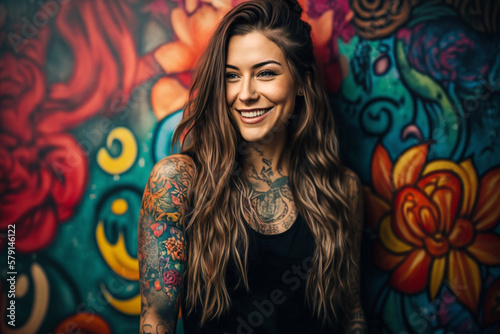 portrait of a tattooed woman on colorful background