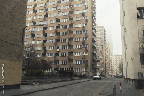 Depressive gray socialist apartment blocks in Warsaw, Poland