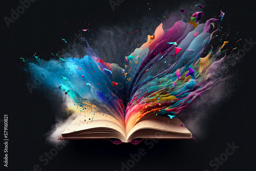 Open book with colors flying out of it, Open Book, Colors, Flying, Art, Illustration, generative ai, Creativity, Imagination, Inspiration, Education, Learning, Literature, Reading, Storytelling, 