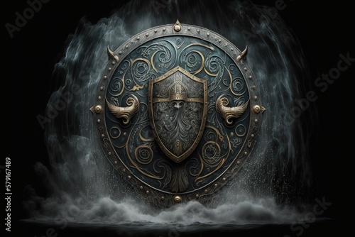 Illustration of wooden viking shield and metal ornaments, black background with fog. Generative AI