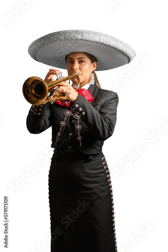 female mexican mariachi trumpetist woman smiling using a traditional mariachi girl suit on a pure white background. good looking latin hispanic trumpet player musician feminine wearing a white hat
