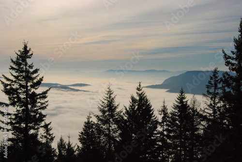 Beautiful view from a lookout over a cloud and fog filled valley in British Columbia