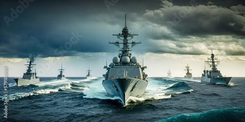 Military Ships at Sea: Navy Vessels in the Pacific as Part of a Carrier Strike Group. digital ai art 