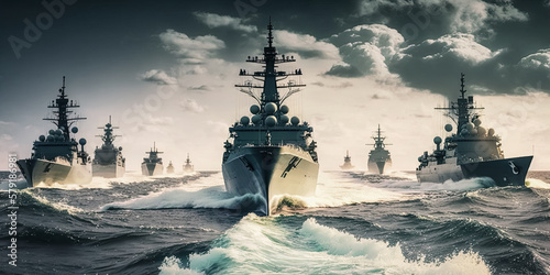 Military Ships at Sea: Navy Vessels in the Pacific as Part of a Carrier Strike Group. digital ai art 