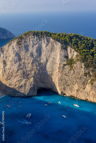 Shipwrecks beach or Navagio Beach on the island of Zakinthos in Greece. Photos taken from mountain top above and by boat.