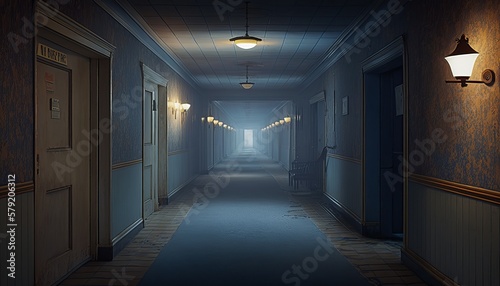 Abandoned creepy hallway of classic hotel corridor background. Generative AI technology. 