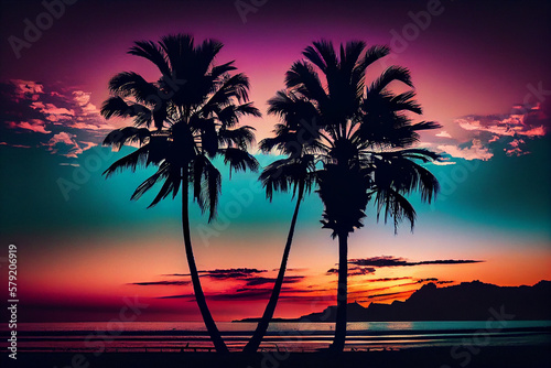 Silhouette of palm trees on the beach at sunset time.generative ai
