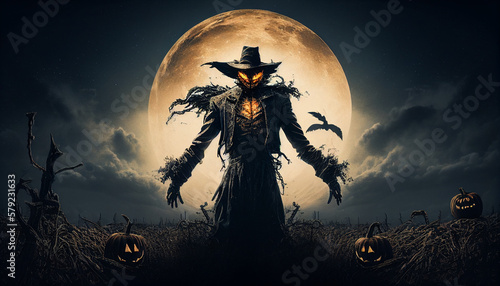 Pumpkin-headed scarecrow in the spooky cornfield under the full moon. Sinister expression, tattered clothes. generated by AI