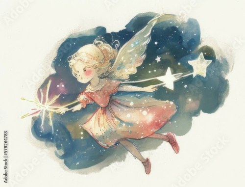 A magical fairy godmother flying through the stars with her wand her light a source of hope and wonder. Cute creature. AI generation.