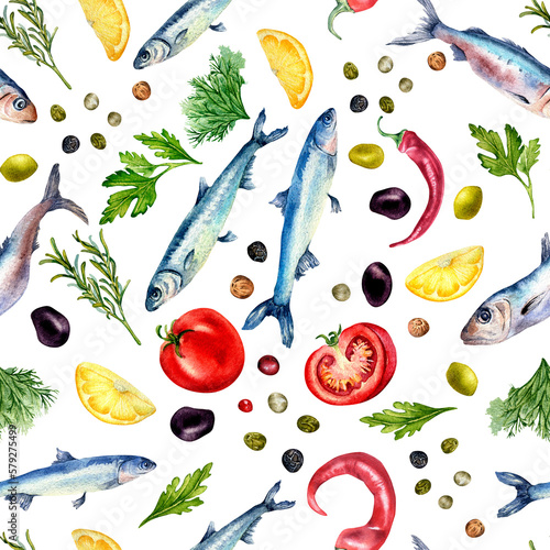 Seamless pattern of anchovies and vegetables watercolor illustration isolated on white. Sea fish, sardine, spices, lemon, olives hand drawn. Design element for textile, paper, wrapping, background.