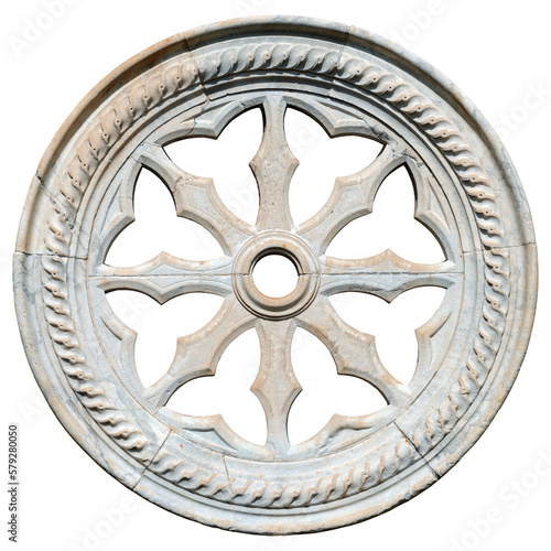 Close-up of an ancient marble rose window isolated on white or transparent background. Portovenere or Porto Venere town, UNESCO world heritage site, La Spezia, Liguria, Italy. Europe. Png.