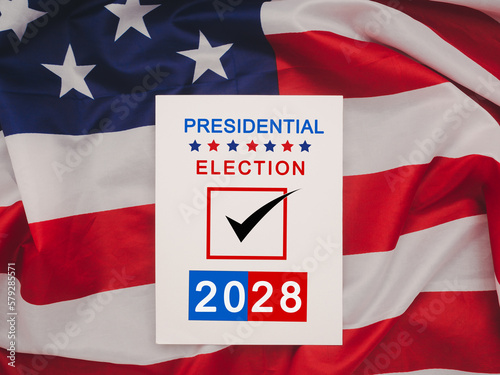 Presidential Election 2028 text on white paper over Waving American Flag