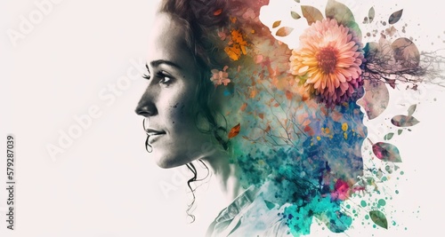 Double exposure woman profile and flowers mental health women's day illustration. Women's history month banner generative ai 