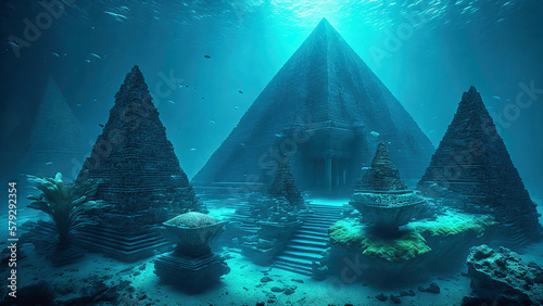 underwater view of an ancient Atlantis city with huge pyramid temples and stone platform undersea with blue water and some light rays from above, generative AI