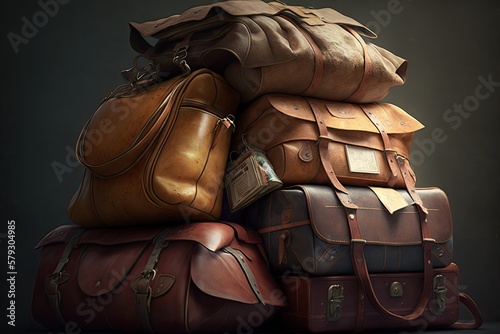 Stacks of old, worn leather travel bags. Generative AI