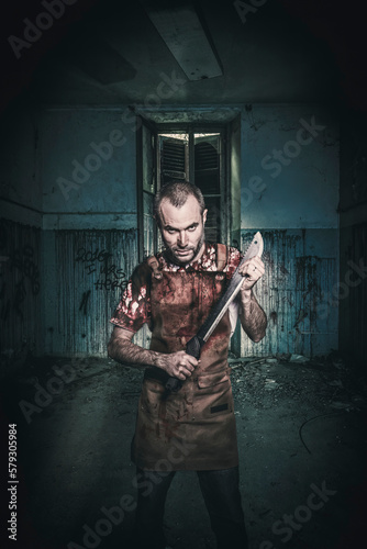 serial killer with machete and blood stained apron