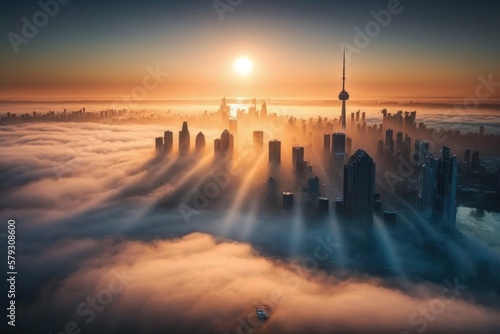 Fantasy Toronto Aerial view. Generative ai illustration.