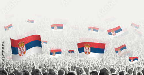 Abstract crowd with flag of Serbia. Peoples protest, revolution, strike and demonstration with flag of Serbia.