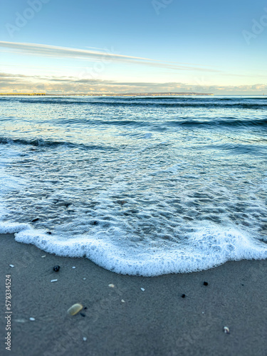Sea coast with seashells and texture waves, sea lanscape.