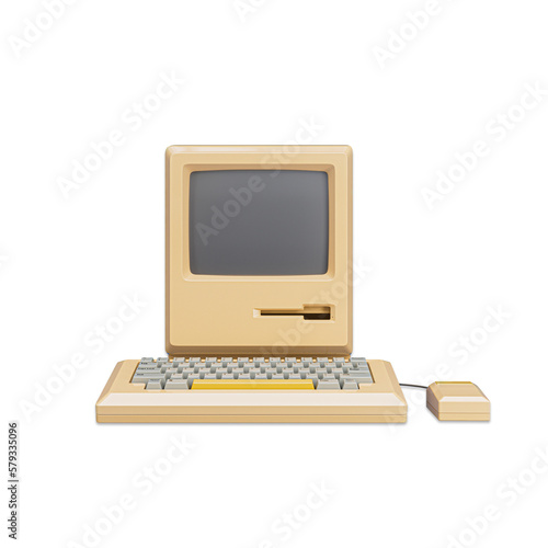 World's first Apple Macintosh computer. Old vintage desktop Macintosh 128K computer with mouse and keyboard in 1984. Retro technology. 3D Rendered Illustration.