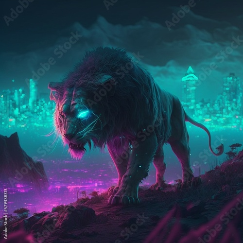 Cyberpunk lion walking , cyberpunk city background , generative ai 