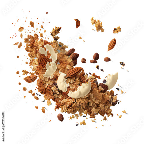 Granola grains with mixed fruit for ads banner,packaging. Transparent background. Generative AI.