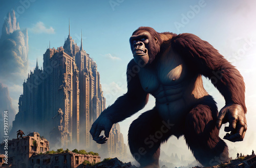 King Kong stands on the ruins of a ruined city. Generative AI.