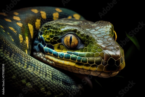 Green anaconda close up, made with generated ai