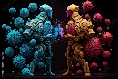 Illustration of human immune system with colorful cells antibodies and viruses showing battle between defenses and invading pathogens, concept of Immunity, created with technology. Generative AI