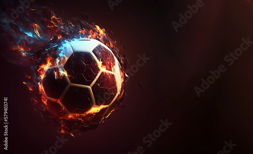 Soccer ball on fire. Banner. Copy space. generative AI