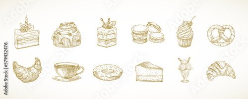 Dessert Sweets Hand Drawn Doodle Vector Illustrations Set. Cakes, Donut, Ice Cream, Coffee, Macarons and Croissant Buns Confectionary Sketch Style Drawings Collection Isolated