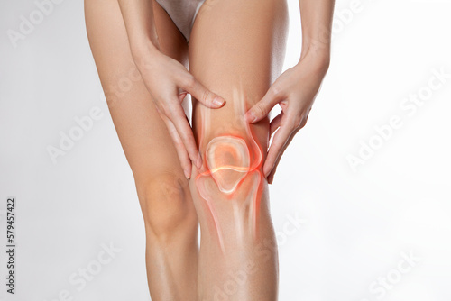 Knee pain, meniscus inflamed, human leg medically accurate representation of an arthritic knee joint. Persistent, sharp discomfort in the knee joint, accompanied by swelling and stiffness 