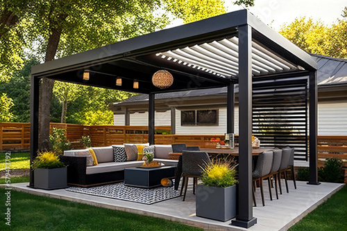 Modern patio furniture includes a pergola shade structure, an awning, a patio roof, a dining table, seats, and a metal grill. Generative AI 