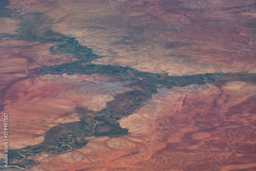 African aerial landscape view of Border area between Dolo in Ethiopia and Doolow in Somalia, located in the place where the rivers Ganale and Dawa join to form the River Jubba