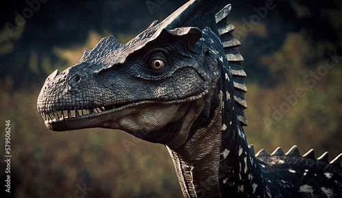 Closeup on head with sharp teeth of carnivorous dinosaur. Prehistoric predator. Generative AI