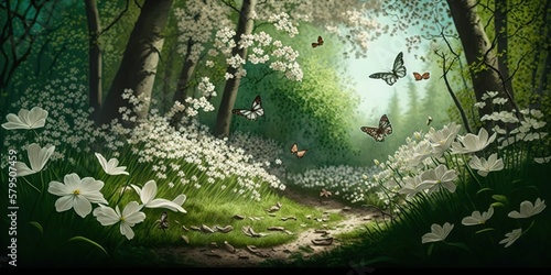 beautiful forest with daisy flowers and butterflies in the foreground, generative AI