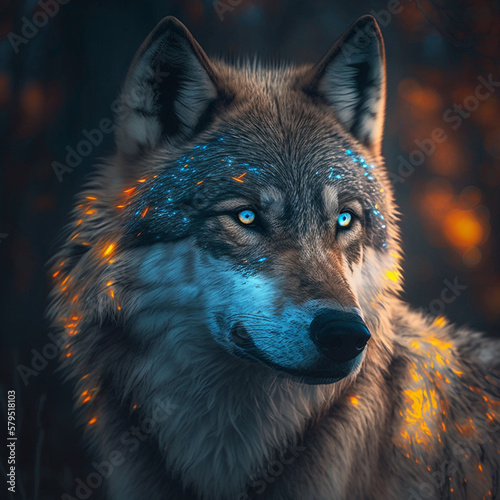 A wolf with blue eyes and a blue eyes is in the woods. Generative AI