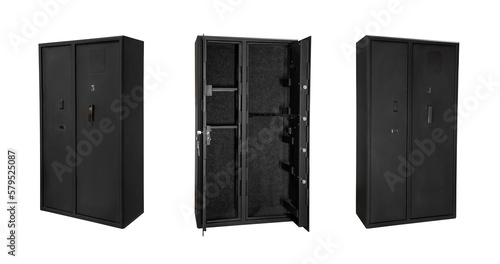 Double wing safe for weapons. A metal gun safe with two doors. Safe storage for weapons. Isolate on a white back