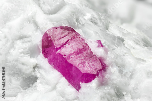 ruby crystal (red corundum) on white calcite. macro detail texture background. close-up raw rough unpolished semi-precious gemstone