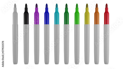 Set of colorful marker pens isolated on transparent background. Minimal concept. 3D render