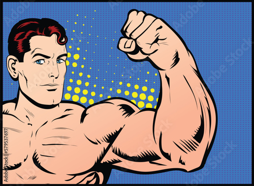 Workout Man. Muscles biceps bodybuilder bodybuilding flexing strong muscular. Vector pop art naked male character with bare chest, great muscles shows his biceps. Retro Comic book cartoon Pop Art 