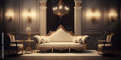 classic royal room with lights and sofa in white and gold AI-Generated