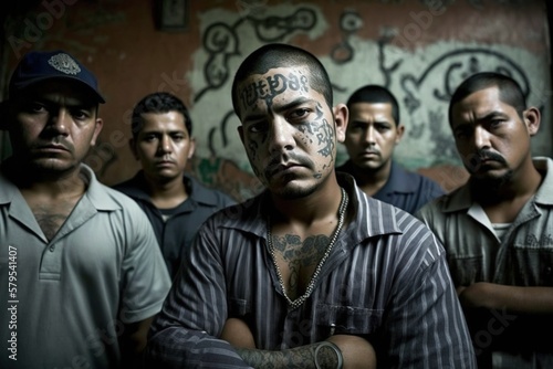 Leader and members of a street gang, the Maras, from El Salvador. Ai generated.