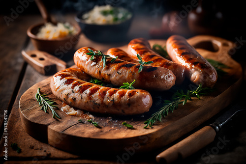 homemade sausage grilled with herbs on rustic wooden table. AI generated