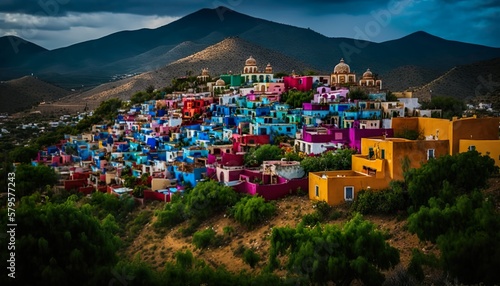 A colorful village in the hills of Oaxaca Mexico photographed with a Sony A6600 16mm lens f/5.6 vibrant Generative AI