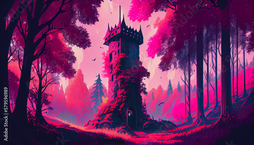 A fantasy fable medieval tower in magical forest digital concept art, Medieval heroic fantasy, vibrant color with synthwave style.