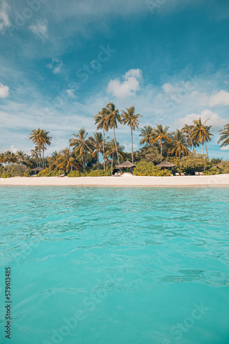 Summer exotic sandy beach with pastel colors palm trees sea waves. Retro vintage landscape shore, idyllic soft sunset. Tranquil serene lagoon bay, dream calming nature view. Exotic travel wallpaper
