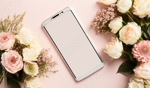  a cell phone sitting on top of a table next to a bunch of flowers on a pink background with a white screen and a pink background. generative ai