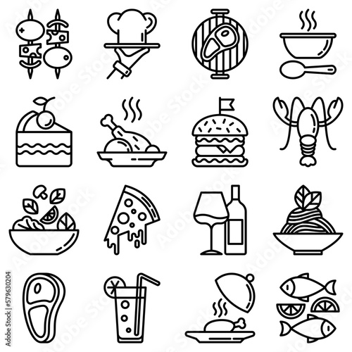 Restaurant menu thin line icons set: starters, chef dish, BBQ, soup, beef, steak, beverage, fish, salad, pizza, wine, seafood, burger. Modern vector illustration for black theme of website.