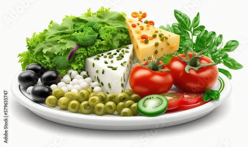  a plate of vegetables and cheese on a white plate with a green leafy garnish on top of the plate is tomatoes, broccoli, cucumbers, tomatoes, cheese, cheese, cheese, black olives,. generative ai